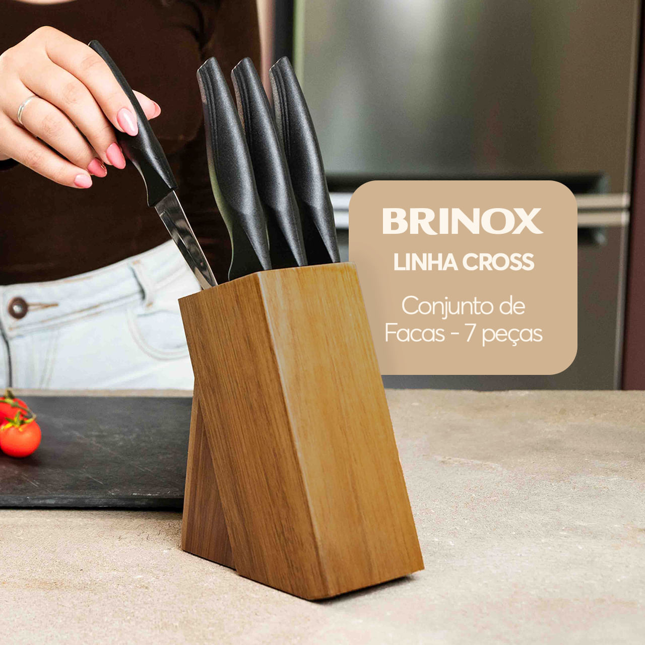 Conjunto de Facas Brinox Cross 7 Peças Aço Inox com Cepo
